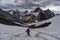 A hiker in the mountains of Peter Lougheed Provincial Park. Kananaskis Lakes, Alberta. Canada