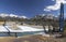 Hiker Pedestrian Footbridge Ice Covered River Sunny Springtime Day Hiking Remote Wilderness Canada