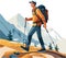 Hiker person hiking or trekking with backpack walking in mountain forest outdoor wilderness landscape, vector