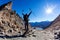 Hiker reaches a high mountain pass; he shows his joy at open arms.