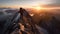 a hiker reaching the summit of a mountain at sunrise, AI Generated