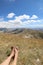 hiker while resting after the long walk in the Apennine mountains in central Italy