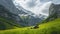 a hiker resting peacefully, lying on the lush green grass in the serene valley of a towering mountain, surrounded by