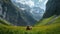 a hiker resting peacefully, lying on the lush green grass in the serene valley of a towering mountain, surrounded by