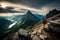 A hiker\\\'s perspective, looking down at their boots as they traverse a rocky mountain path, with breathtaking vistas in the