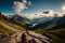 A hiker\\\'s perspective, looking down at their boots as they traverse a rocky mountain path, with breathtaking vistas in the