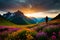 A hiker\\\'s perspective of walking through a field of colorful wildflowers with a pristine mountain backdrop