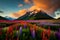 A hiker\\\'s perspective of walking through a field of colorful wildflowers with a pristine mountain backdrop