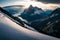 A hiker\\\'s view from a high mountain ridge, with jagged peaks and dramatic cloud formations in the distance