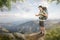 Hiker with a smartphone standing in front of a tropical mountain panorama