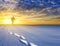 Hiker among a snowbound plain