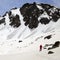 Hiker in snowy mountain with trace from avalanches at sun spring