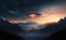 A hiker standing alone in a mountain valley at dusk, witnessing an encounter of the third kind: a giant alien spacecraft, UFO