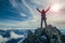 A hiker standing atop a mountain with arms raised in celebration