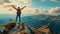 A hiker standing atop a mountain with arms raised in celebration