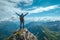 A hiker standing atop a mountain with arms raised in celebration