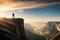 A hiker standing on the edge of a cliff, gazing out at a vast canyon beneath a clear blue sky