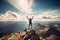 Hiker standing on top of a mountain and raising his hands up, Hiker celebrating success on the top of a mountain, Full rear view,