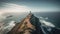 Hiker at the summit of a mountain cliff overlooking a stunning ocean view. Apex silhouette sea waves landscape.