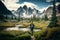 hiker, surrounded by lush meadow and towering peaks in the distance