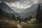 hiker, surrounded by majestic mountains and forests, with backpack on