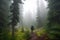 hiker, surrounded by spruce forest, on a misty morning