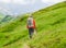 Hiker traveling in Alps. Alpine peaks landskape background. Jungfrau, Bernese highland. Sport, tourism and hiking