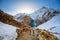 Hiker on the trek in Himalayas, Annapurna valley