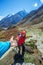 Hiker on the trek in Himalayas, Manaslu region, Nepal