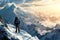 Hiker trekking with backpack standing on top of a snow mountains peak before sunset. Adventure Sport concept. Generative AI