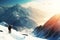 Hiker trekking with backpack standing on top of a snow mountains peak before sunset. Adventure Sport concept. Generative AI