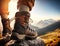 Hiker trekking boot closeup on mountain background. Leg in hiking shoe for travel activity foreground. Generative AI