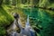 hiker trekking over crystal clear lake, surrounded by lush greenery