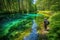 hiker trekking over crystal clear lake, surrounded by lush greenery