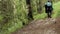 Hiker walking in a forest trail in green summer woods, active lifestyle concept. Stock footage. Rear view of a tourist