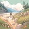 Hiker Walking Past Flowers: A Serene Mountainous Landscape Illustration
