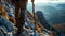 A hiker with a walking stick on a rocky mountain.