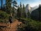 Hiker Walking on Trail Towards the Half Dome, Yosemite National Park, California