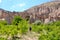 Hiker walking through vineyard on the trail to zelve, cappadocia