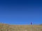 A hiker who wears a red jacket stands on the higher place of a hill. Behind him is clean sky and the moon.