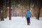 Hiker in winter forest. Sport, inspiration and travel