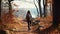 Hiker woman walking on forest hiking trail surrounded by vibrant autumn foliage in the fall season