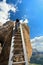 Hiker on wooden staircase