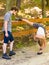 Hiker young couple in nature preparing to hike