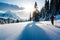 Hikers ascending a steep, snow-covered slope in a pristine winter wilderness, with sparkling snowflakes in the air