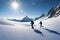 Hikers ascending a steep, snow-covered slope in a pristine winter wilderness, with sparkling snowflakes in the air