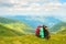 Hikers backpacks, Carpathian mountains landscape