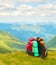 Hikers backpacks, Carpathian mountains landscape