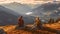 Hikers with backpacks relaxing on top of a mountain and enjoying the view of valley at sunset. Generative Ai