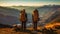 Hikers with backpacks relaxing on top of a mountain and enjoying the view of valley at sunset. Generative Ai